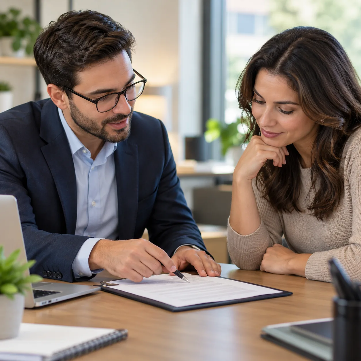 Associate explaining loan paperwork clearly to a customer